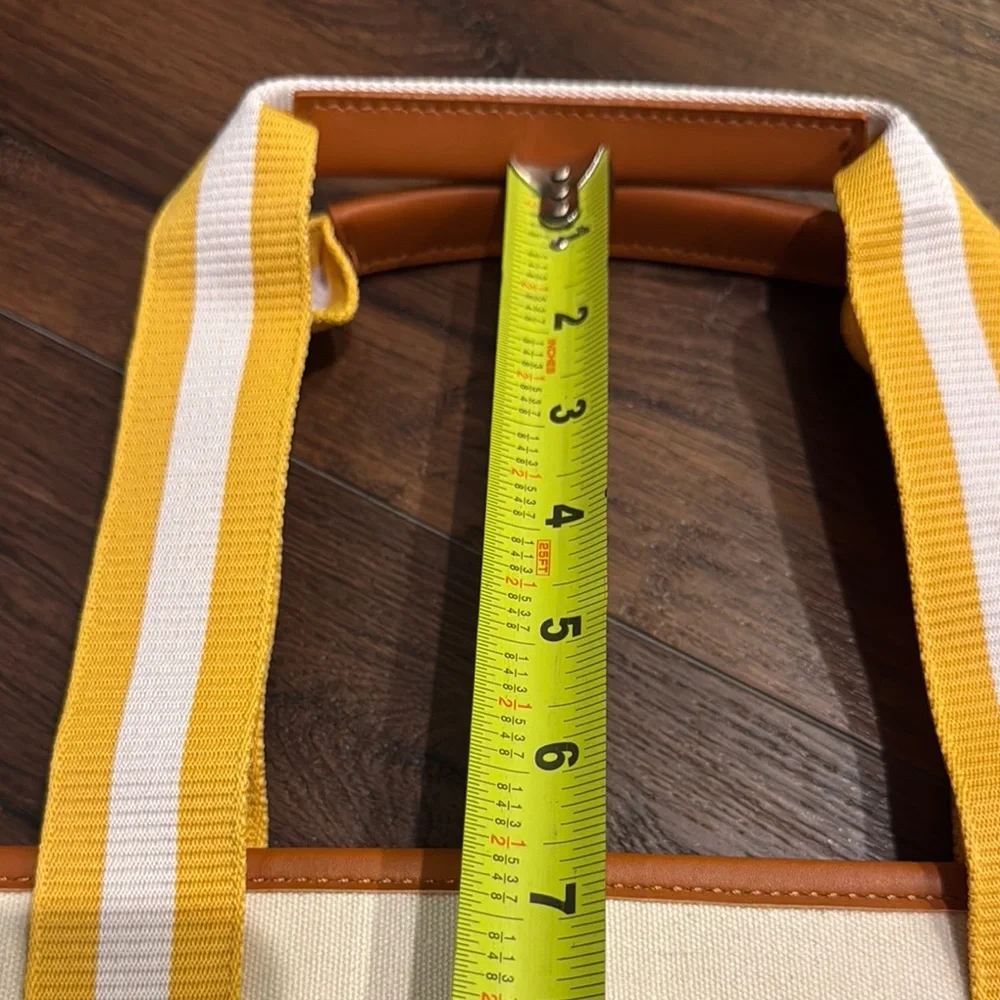 Stylish Canvas Cream and Tan Tote Bag with striped yellow/ white straps NWOT - Picture 8 of 9